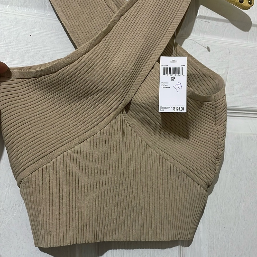 NWT House of Harlow 1960 Asymmetrical Ribbed Knit Crop Top Tan MSRP $125